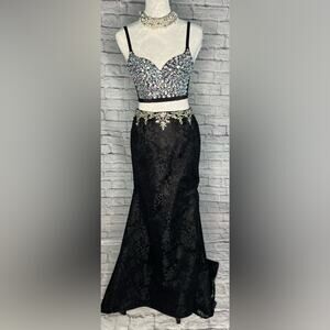 Morilee two piece black lace beaded mermaid prom dress size 8